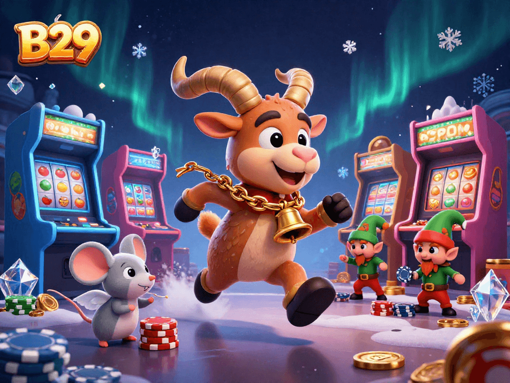 B29 Casino: 3D Krampus goat oversees festive chaos with angel mice and elf gremlins.