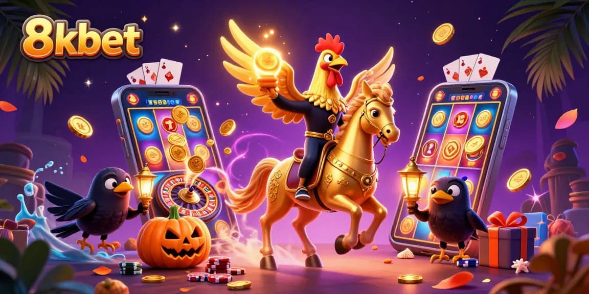 Engage in thrilling gameplay at 8kbet with colorful slots, sparkling coins, and festive casino companions.