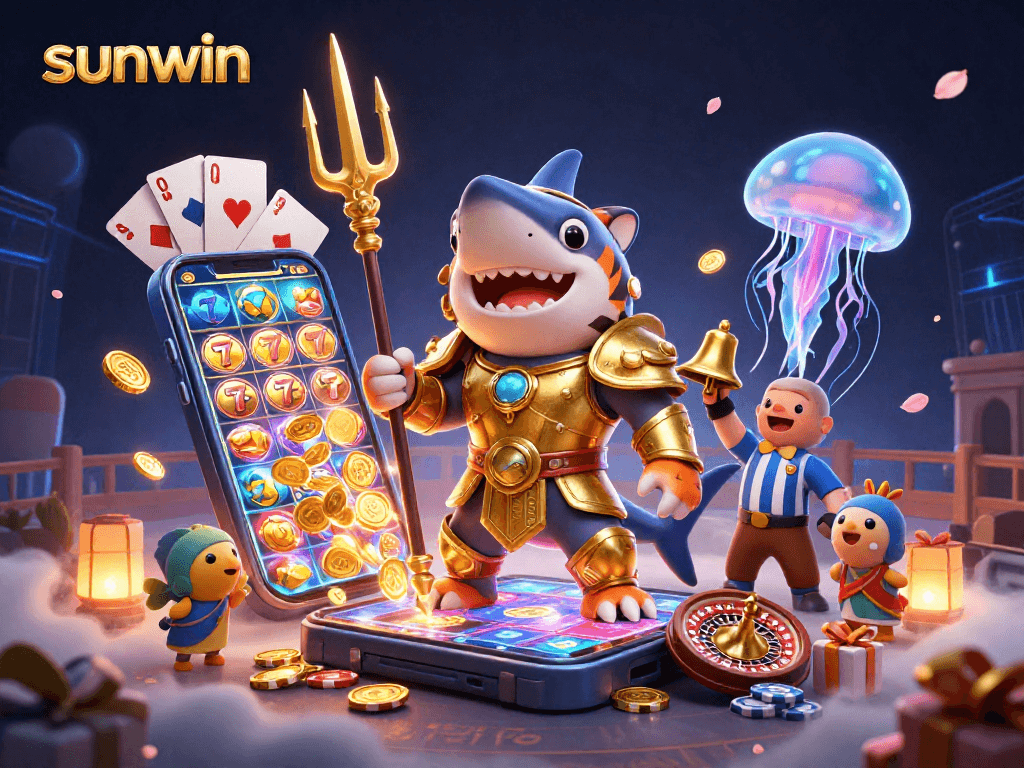 Engage in thrilling gameplay with sunwin, showcasing a tiger shark in gladiator armor surrounded by slot games and casino elements.