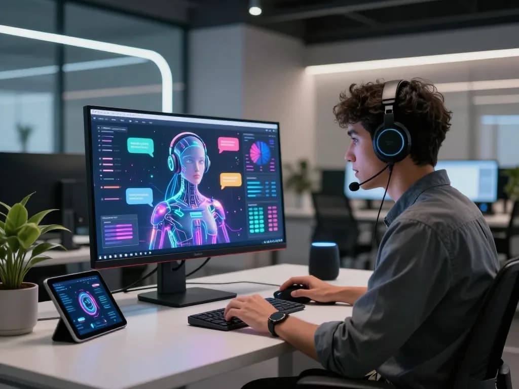 Engaging in a juicy ai interaction with a virtual avatar in a modern tech workspace.