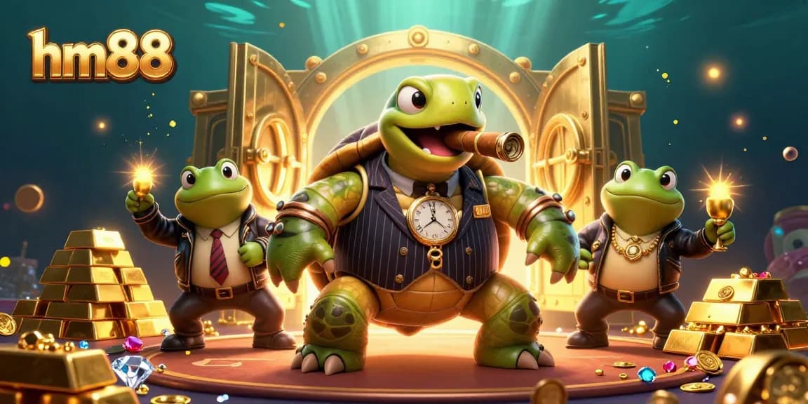Win big with hm88 in this vibrant 3D casino scene featuring a snapping turtle and bullfrog enforcers.