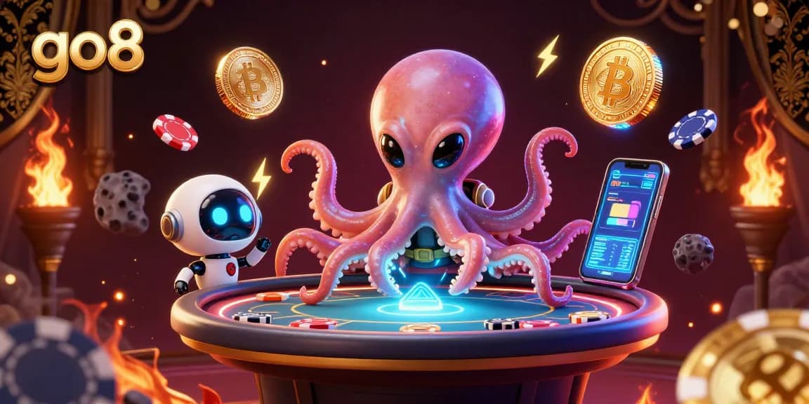 Engage in thrilling poker games with the go8 platform, featuring an alien octopus at a holographic table.