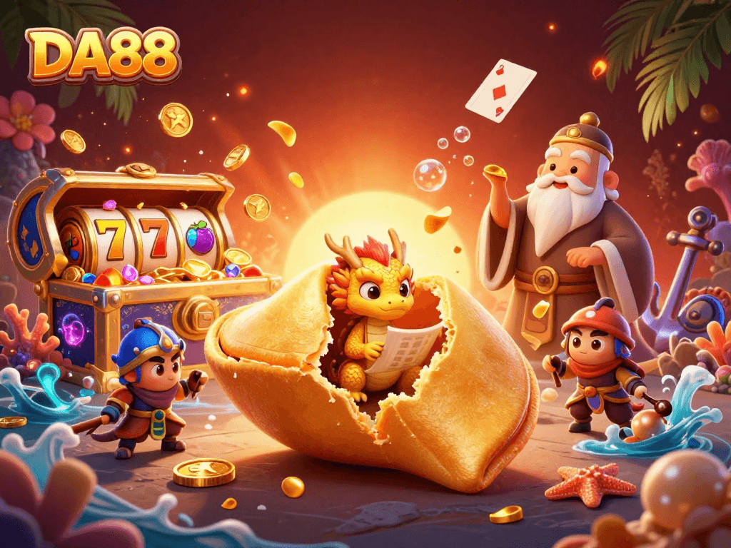 Spin the reels with DA88 as golden treasures and vibrant characters fill a lively casino scene.