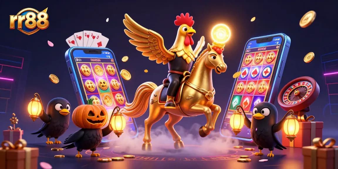 rr88 showcases a golden rooster headless horseman amidst vibrant casino games and golden coins.