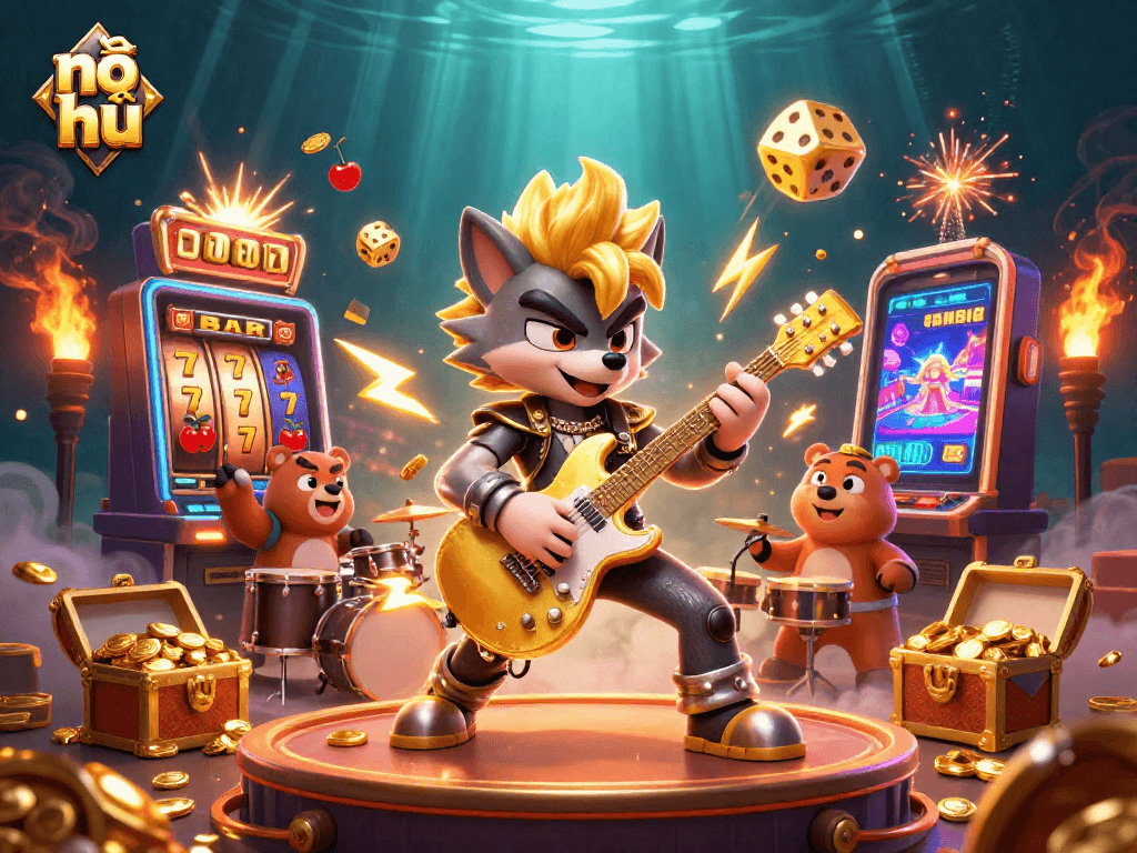 Experience the thrill of nổ hũ with energetic characters and dynamic casino elements, including jackpots and slot machines.