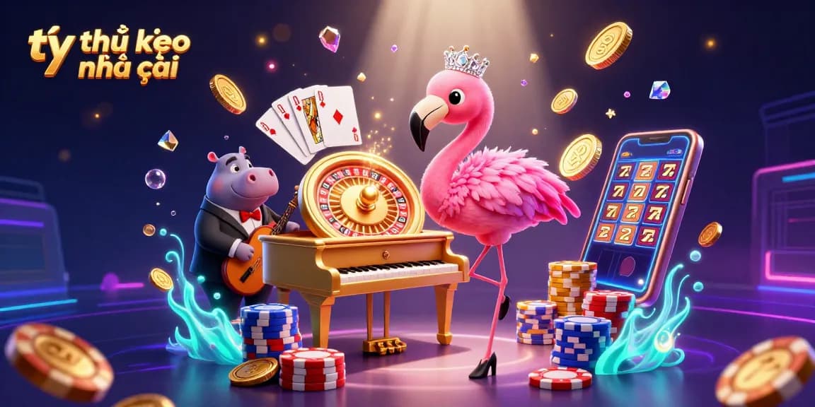 Experience tỷ lệ kèo nhà cái in a vibrant 3D casino scene with glamorous characters and thrilling game elements.