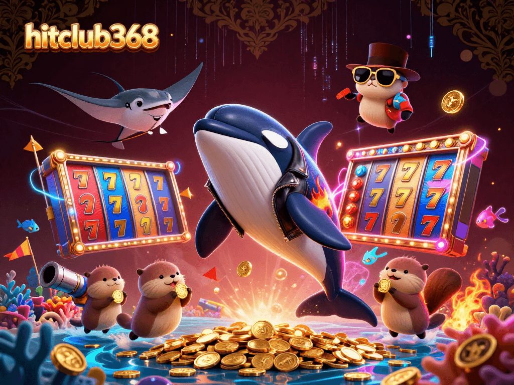 Experience the excitement of hitclub368 with a dynamic illustration showcasing action-packed casino elements and vibrant sea characters.