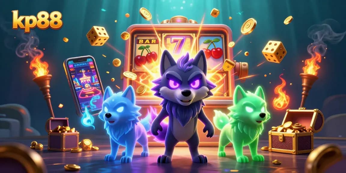 Experience thrilling gameplay at kp88 with glowing wolves, exciting slot machine bursts, and vibrant game elements.