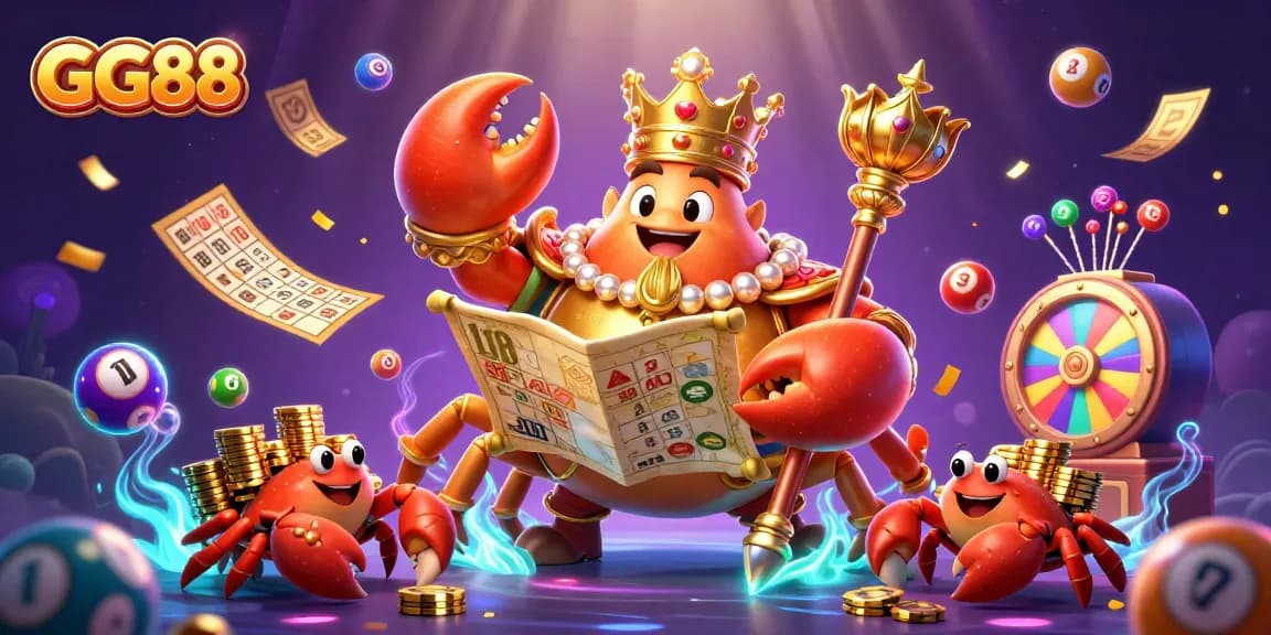 GG88 showcases a vibrant, interactive gaming scene with a golden crab emperor, rich casino elements, and dynamic lottery balls.