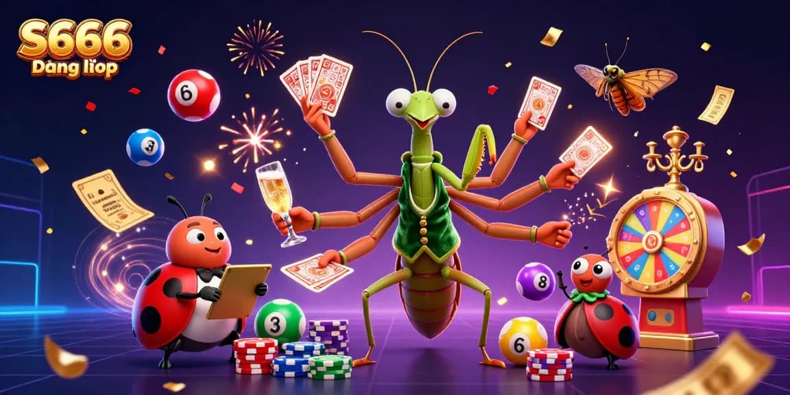 S666 Đăng nhập brings you a lively casino scene with a giant mantis and ladybug, celebrating with vibrant gaming elements.