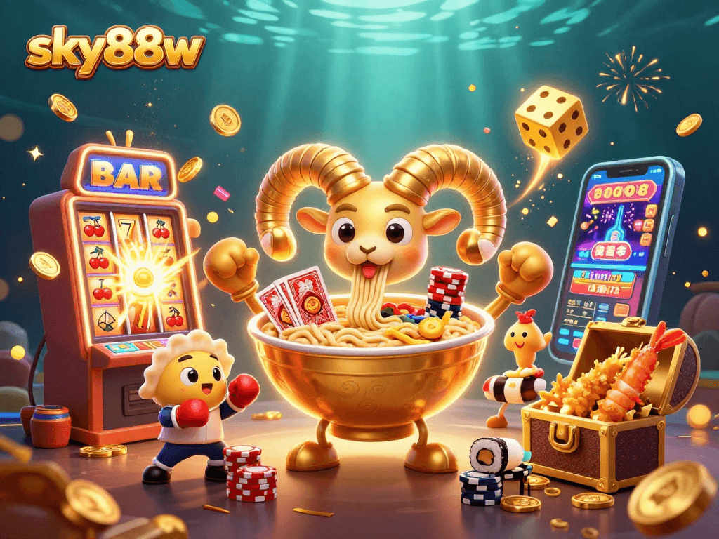 Experience thrilling gaming at sky88w with vibrant 3D casino scene featuring unique characters.