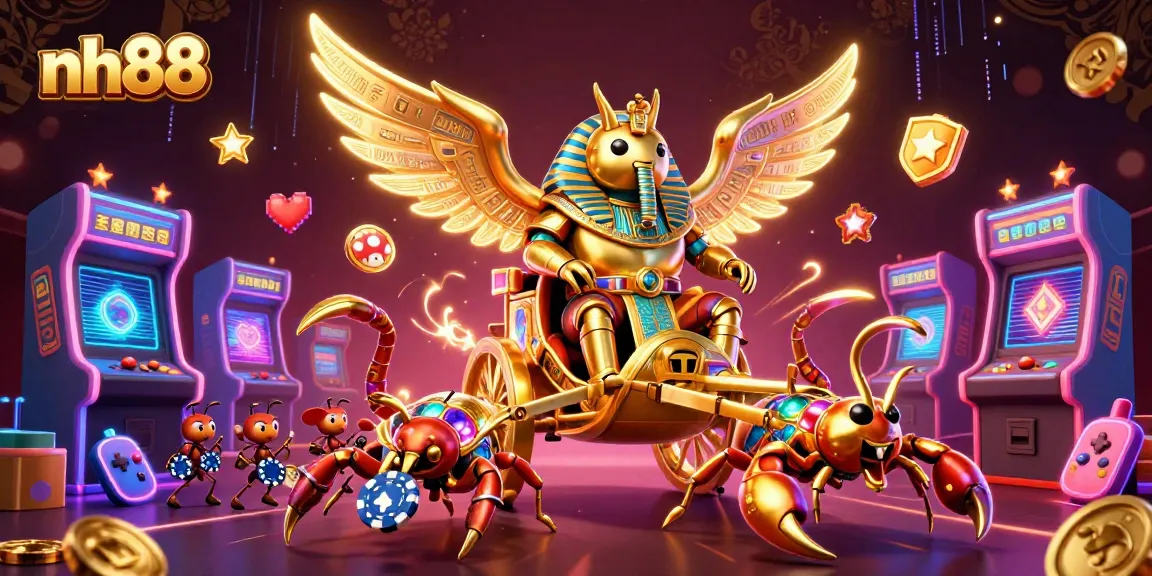 nh88 offers an enthralling gambling experience with a colossal beetle, scorpions, and poker chips in action.