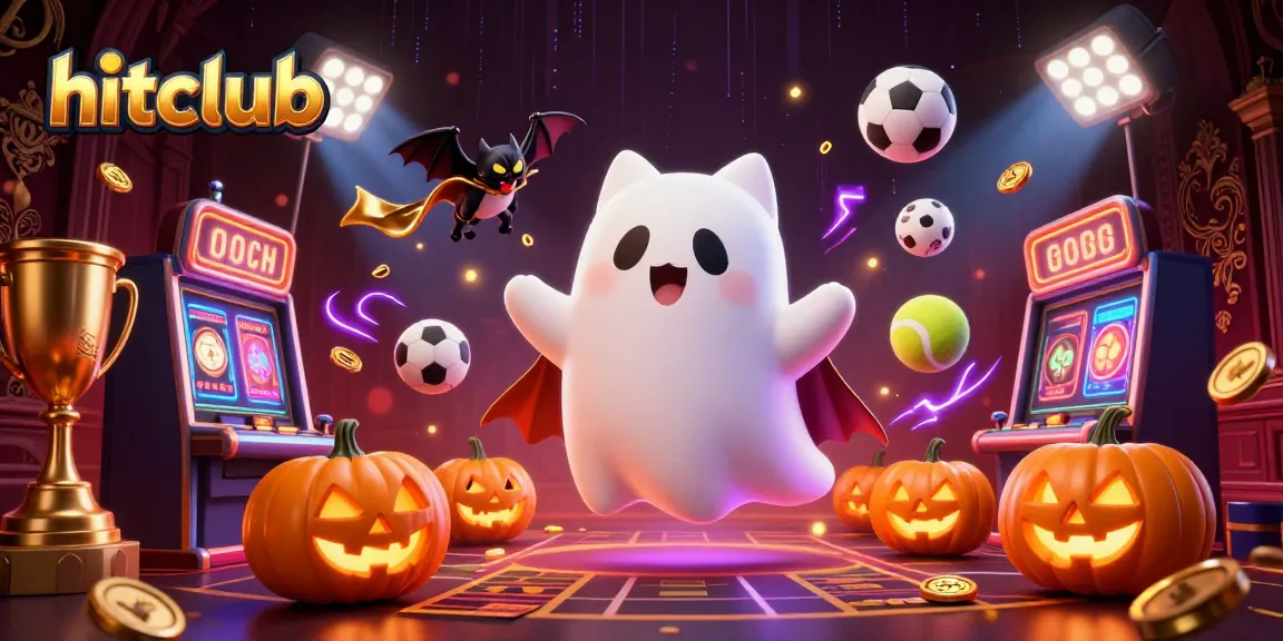 Experience hitclub casino action with a ghost cat, bat, and poker-themed jack-o-lanterns in a thrilling gaming setting.
