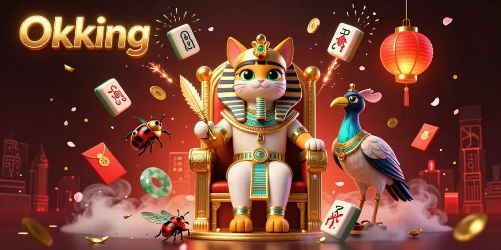 Experience the thrill of Okking with a pharaoh cat and golden treasures in this vibrant casino scene.