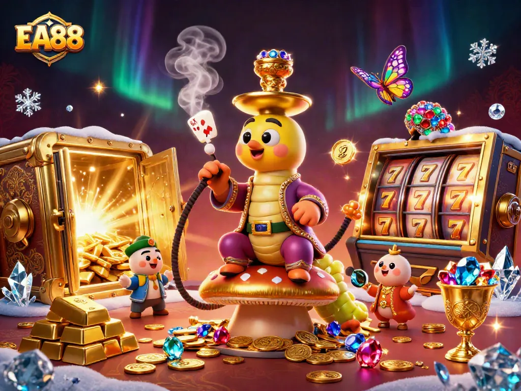 Engage with EA88 through vibrant casino slots and dazzling gems in a rich, 3D illustrated scene.