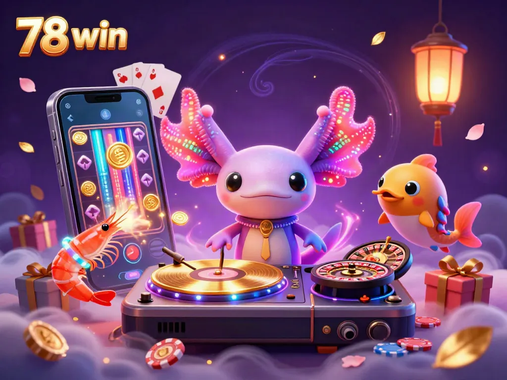 Experience the vibrant entertainment of 78 win with an axolotl DJ spinning tunes amidst dazzling casino elements.
