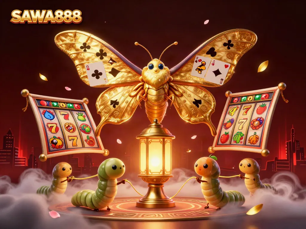 Experience the excitement of SAWA888 with a vibrant 3D casino scene featuring a majestic atlas moth and golden casino symbols.