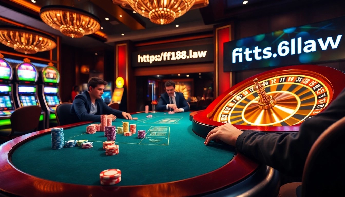 Experience high-stakes poker action at https://f168.law/ with colorful chips and a luxurious casino backdrop.