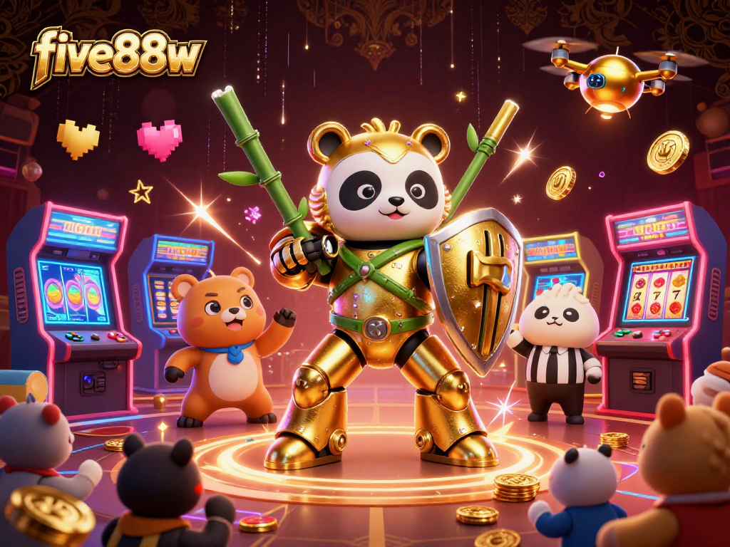 Engage in the thrilling action of five88w, showcasing a golden panda in a mech-suit battling in a vibrant casino arena.