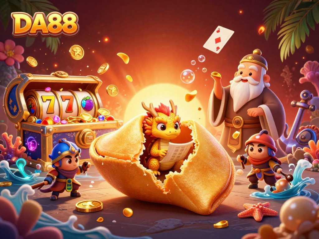 Spin the reels with DA88 as golden treasures and vibrant characters fill a lively casino scene.