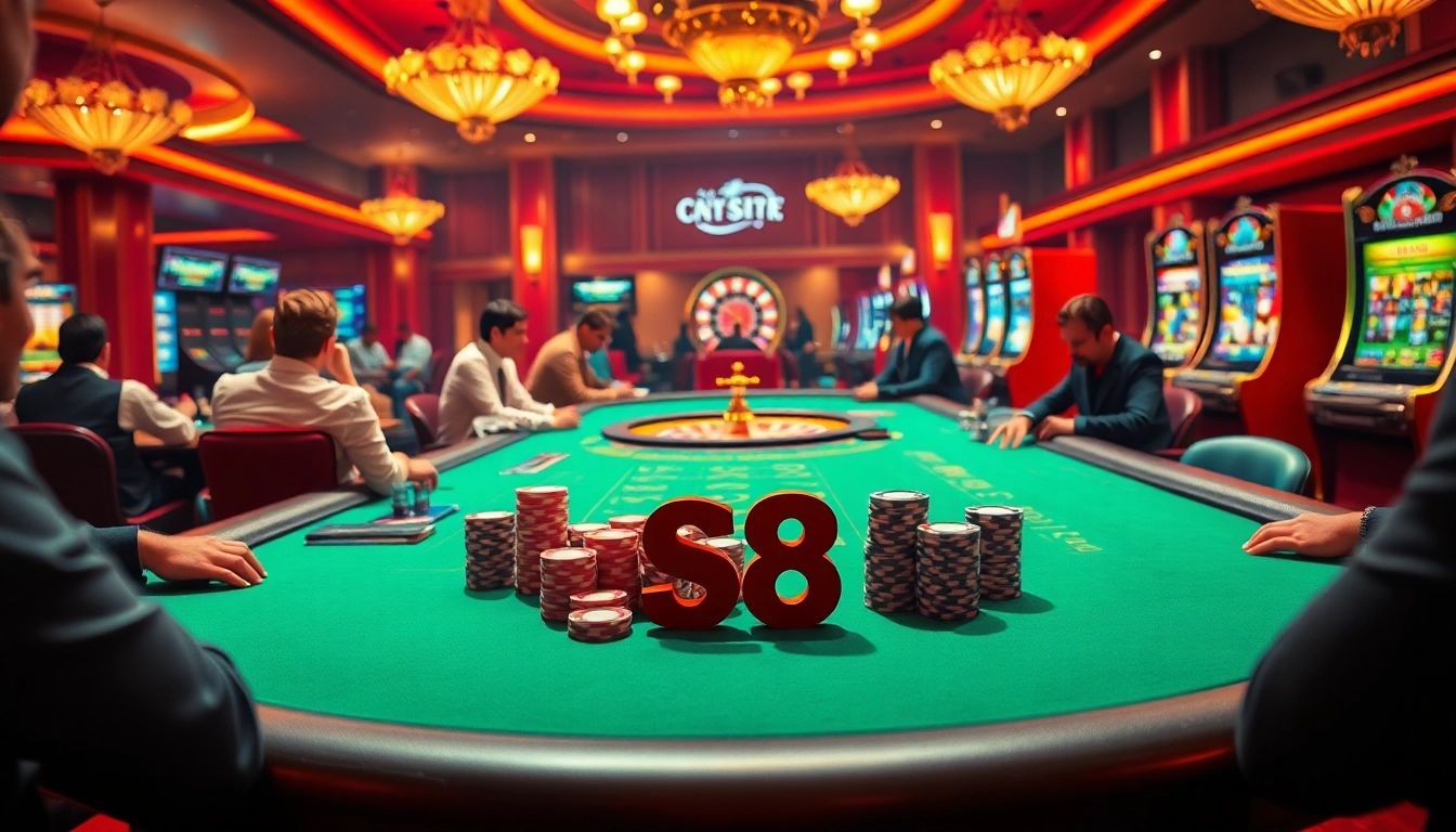 Engage in thrilling gambling action at S8 with vibrant poker tables and exciting slot machines.