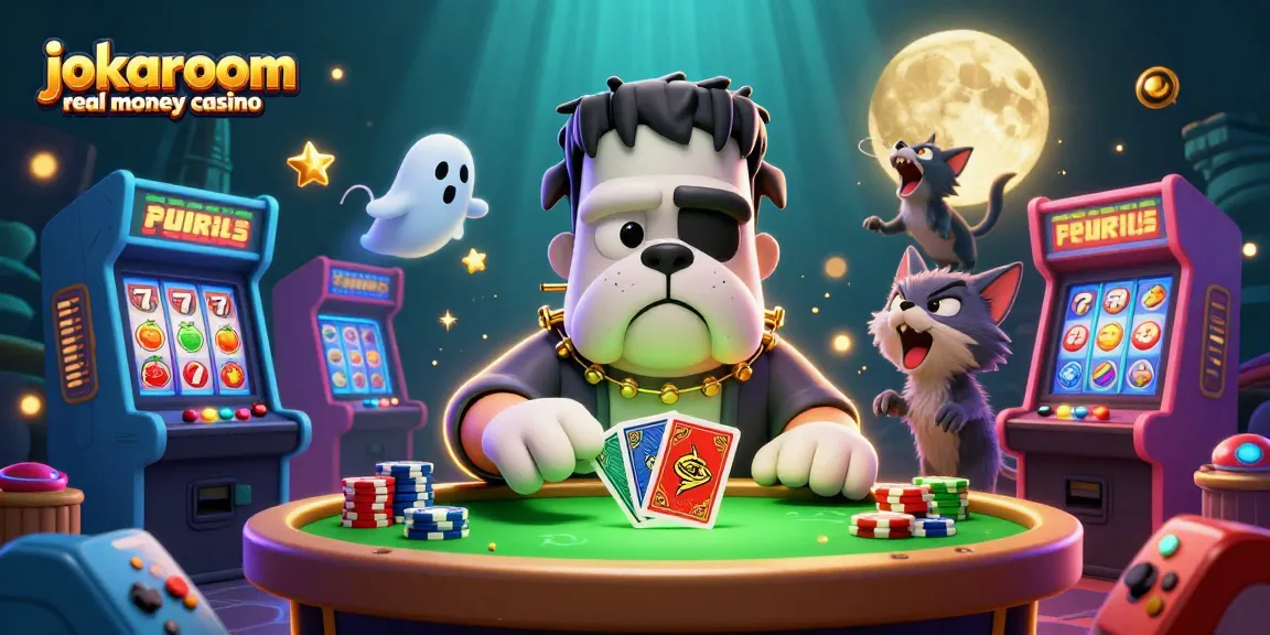 Experience thrills with jokaroom real money casino featuring a lively 3D scene of unique characters playing cards.