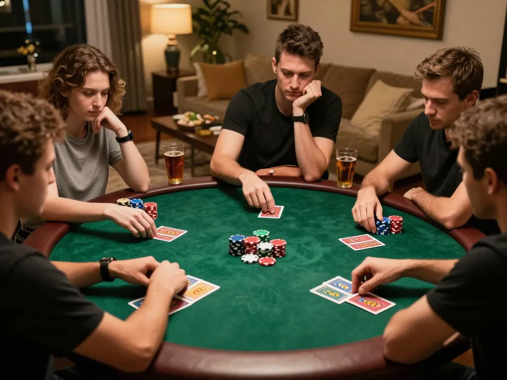 SC88 poker night shows players strategizing around a green velvet table, warm home atmosphere.
