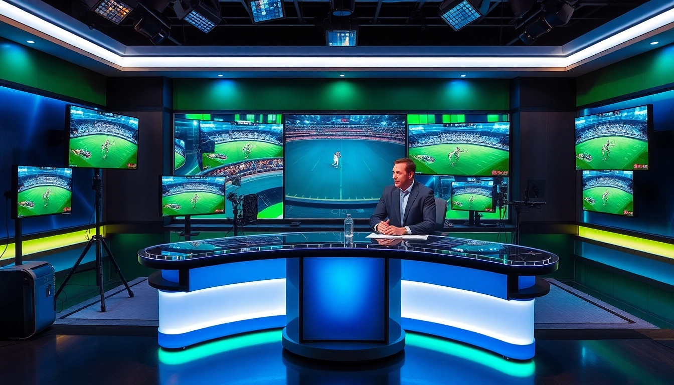 Engaging hosts in sports broadcasting studio discussing live events with vibrant screens.