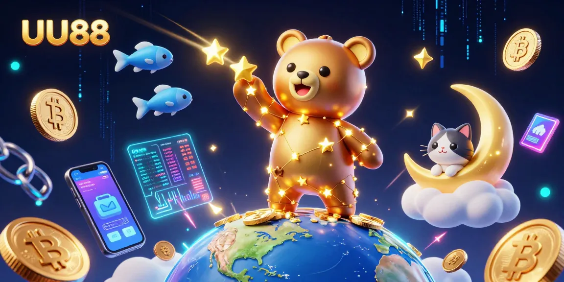 Experience the excitement at UU88 with vibrant 3D characters and crypto elements in this casino-themed illustration.