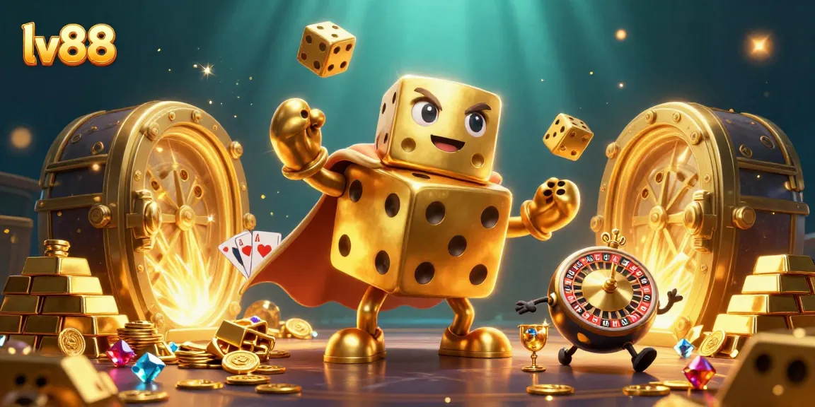 lv88 players engage with vibrant giant dice golem and dynamic casino elements in a dazzling scene.