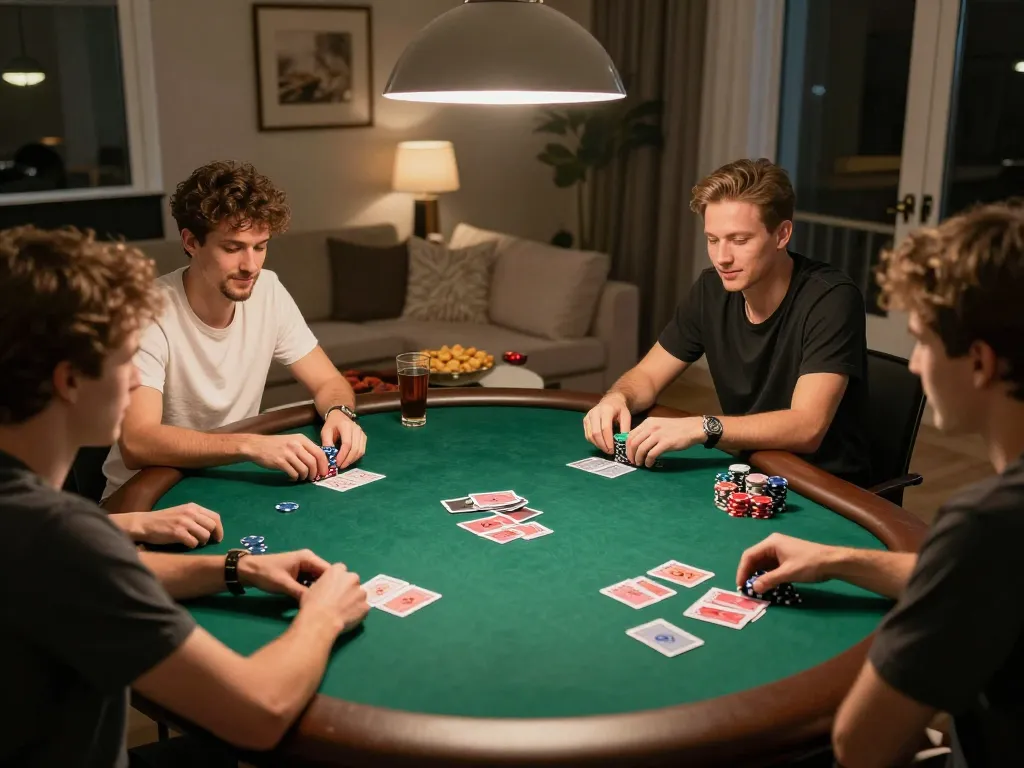 Playing poker with friends during home game night at taixiuvn, showcasing strategic bets and social fun.