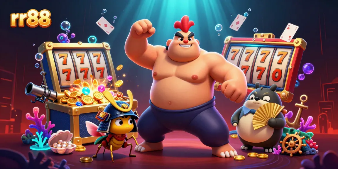rr88 showcases vibrant casino adventure with cartoon characters amid dynamic slot and treasure elements.