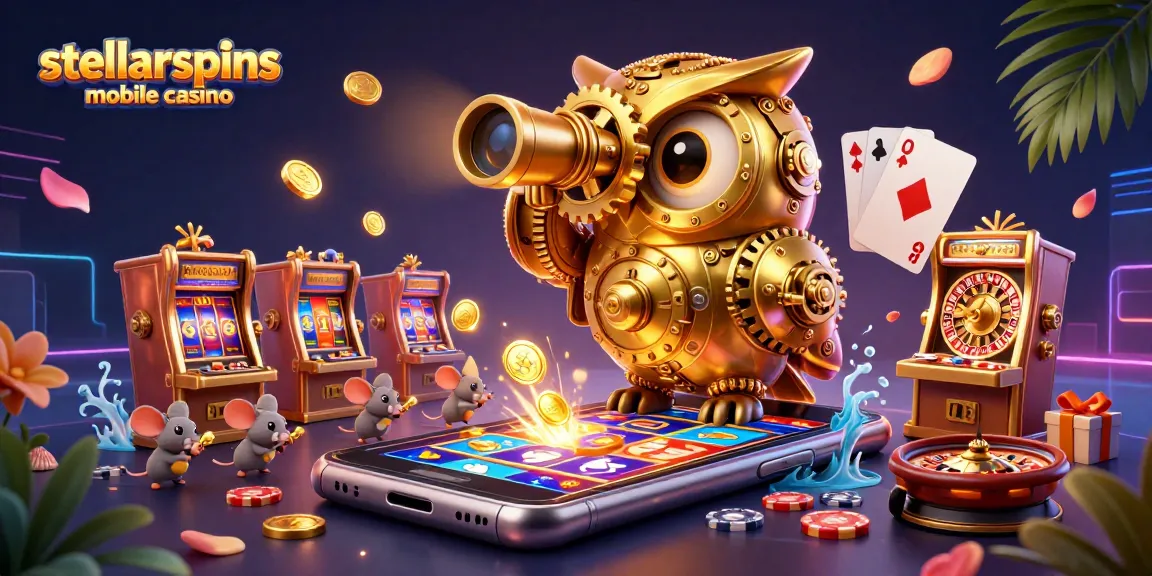 Engaging 3D scene of stellarspins mobile casino, featuring a clockwork owl and vibrant game elements.