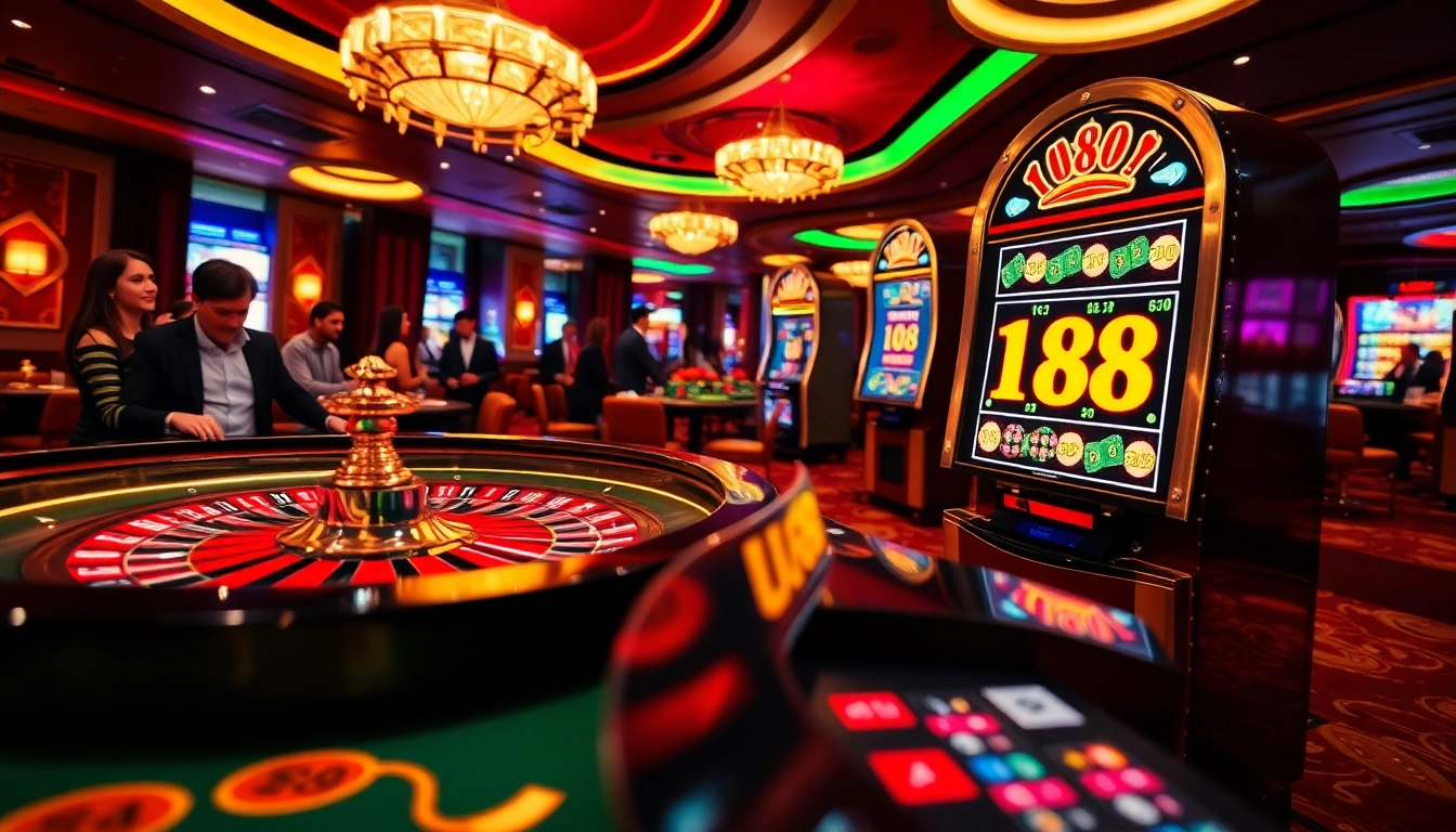 Players engaged at the U88 slot machine amidst a vibrant casino atmosphere.