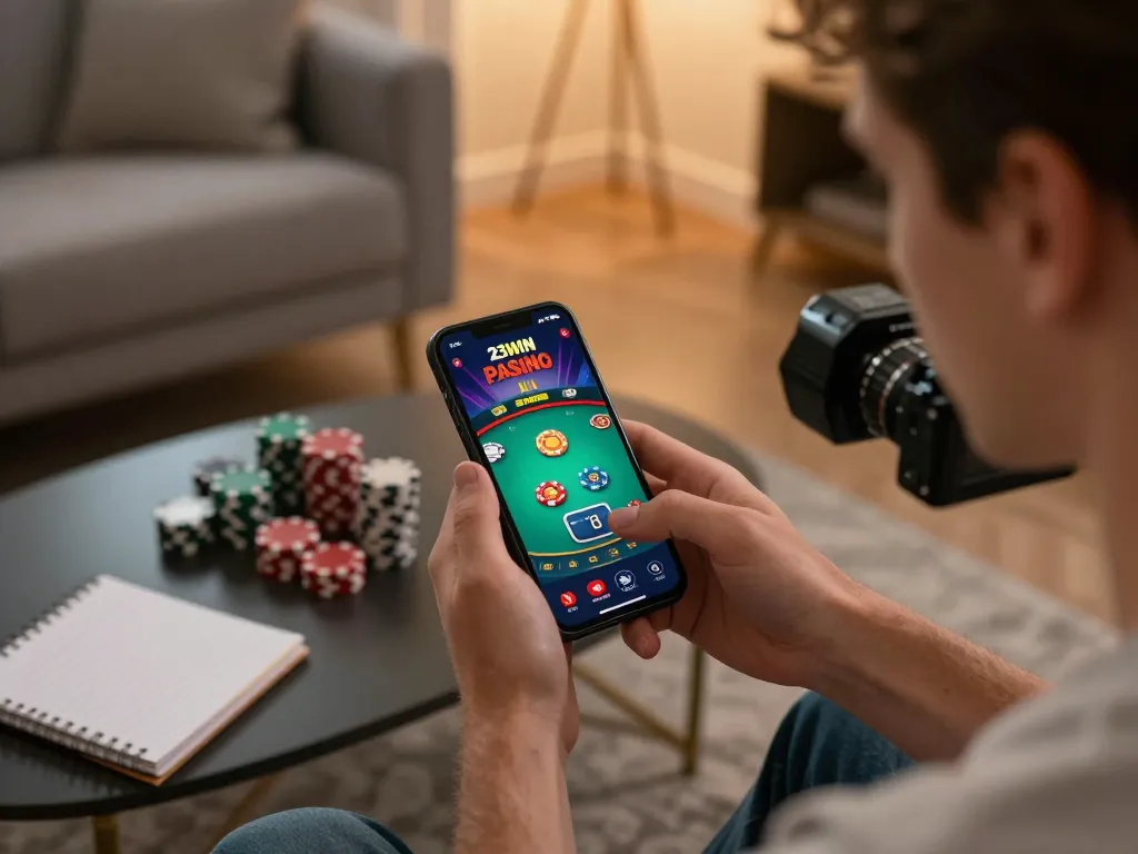 Player using 23WIN mobile app for online gambling in a cozy living room setting