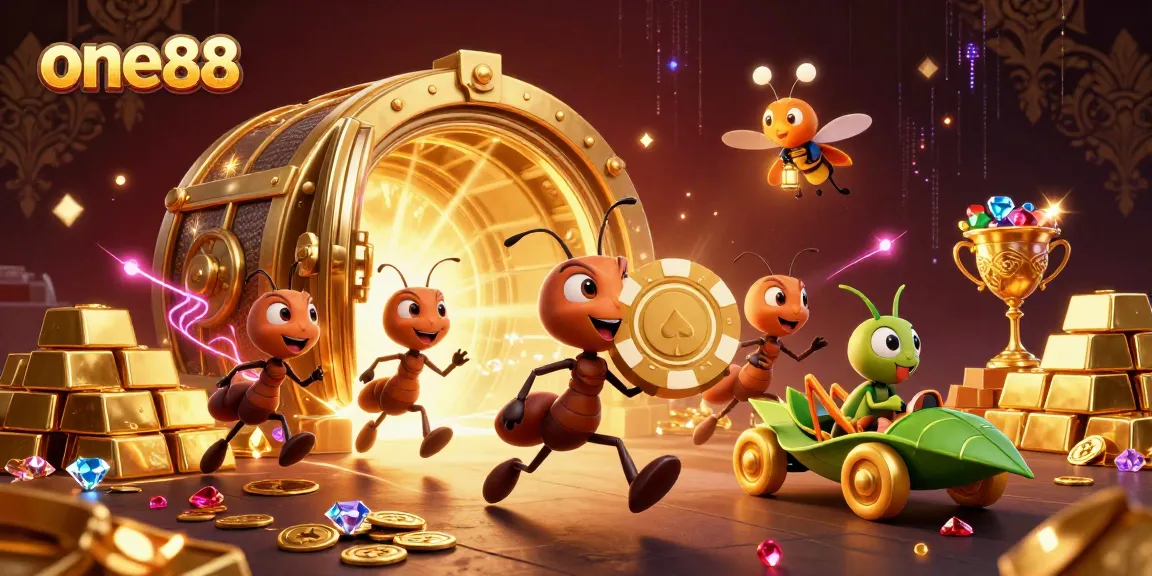 One88 team of ants orchestrating a heist for a colossal poker chip amidst treasures in a dynamic casino scene.