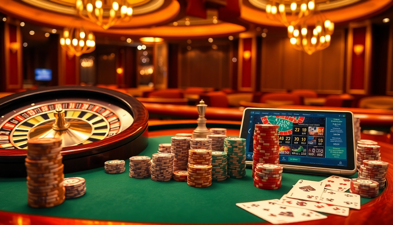 Engage with high-stakes action at Ku88 uy tín, featuring poker chips and a roulette wheel in a luxurious casino environment.