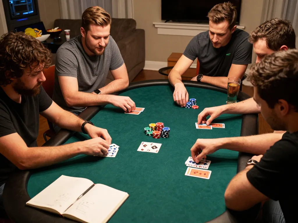 B52 CLUB poker night with friends analyzing cards at a home game, capturing strategic gameplay and atmosphere.
