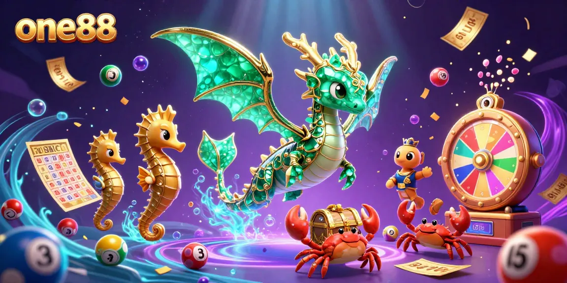 Experience thrilling lottery excitement with one88's vibrant illustration of undersea characters and gaming elements.
