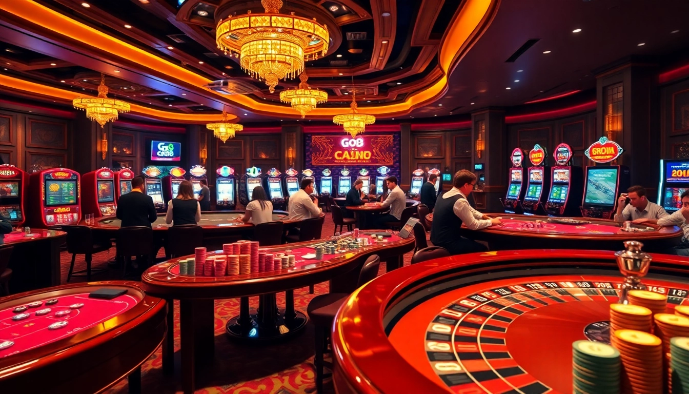 Experience excitement at Go8 with dynamic gaming tables and vibrant slot machines in a luxurious casino setting.
