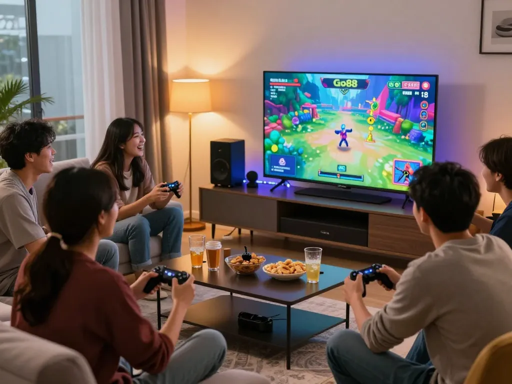 Enthusiastic friends playing Go88 games in a modern living room.