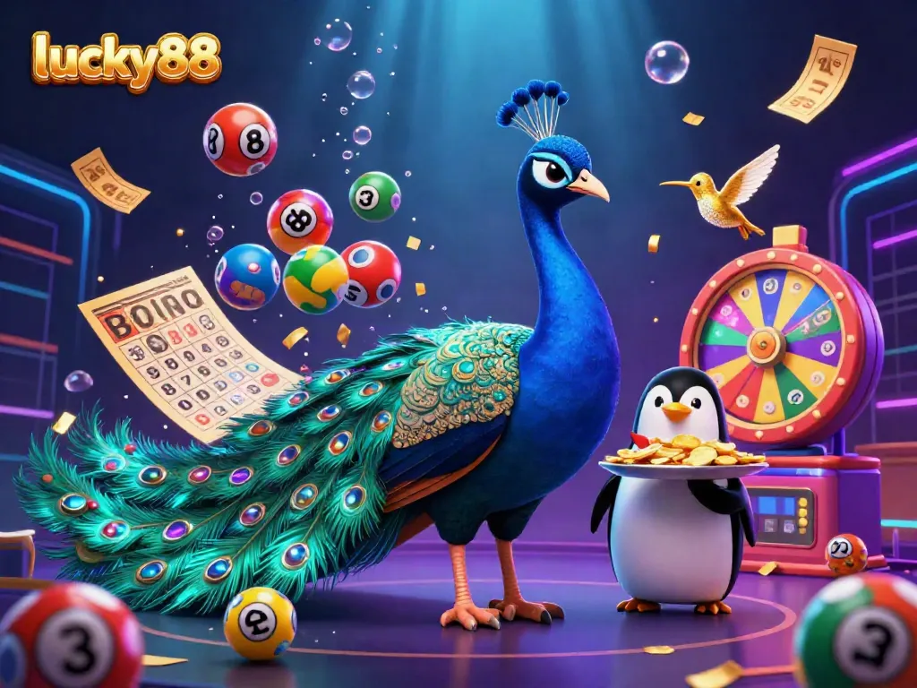 Interact with the vibrant lucky88 gaming experience featuring a peacock, penguin, and hummingbird amidst colorful lottery elements.