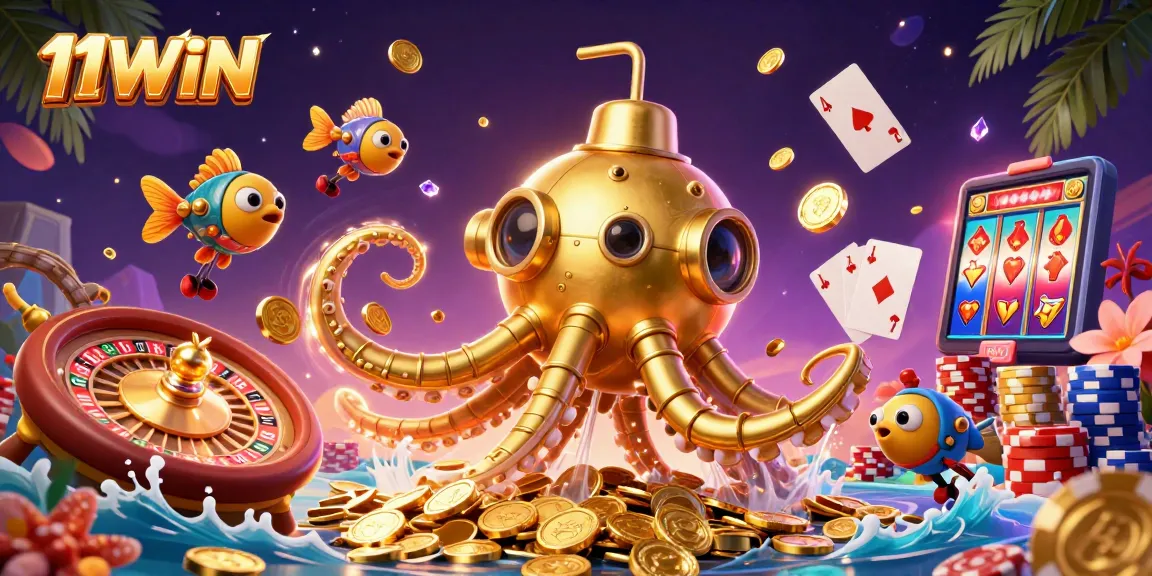 Experience the thrill of 11WIN with a golden kraken submarine surrounded by treasure and casino elements.
