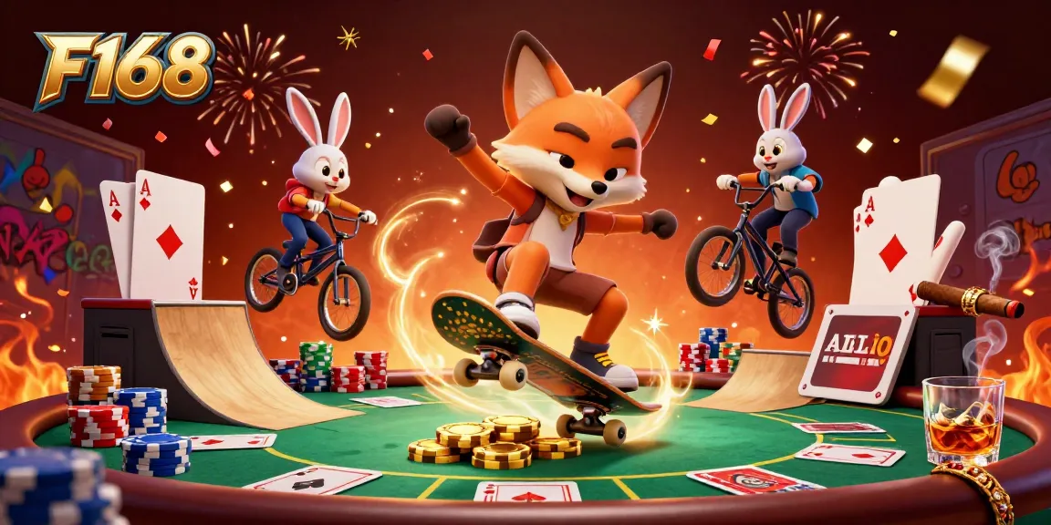 Experience thrilling gaming moments at F168 with vibrant 3D illustrations of a skateboarder fox and BMX rabbit in action.