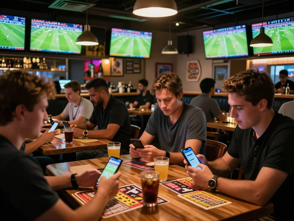 Tỷ lệ kèo nhà cái 5 in an exciting sports bar environment with fans betting on soccer matches.