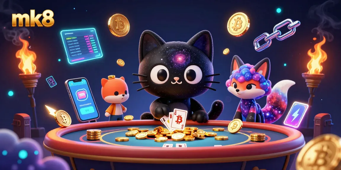 Win big with mk8 in a vibrant cosmic casino featuring animated characters and crypto elements.
