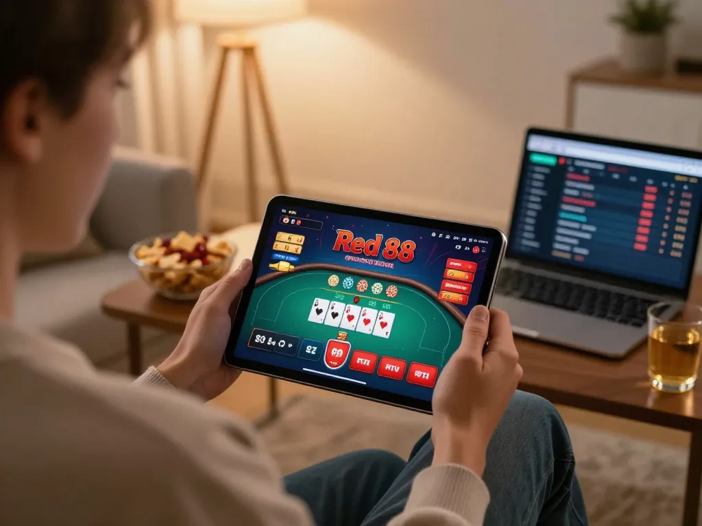 Engaging in Red 88 online casino gaming at home on tablet, capturing strategic gameplay.