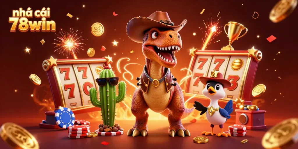 Experience thrilling gaming at nhà cái 78win, featuring colorful slot reels and dynamic characters.