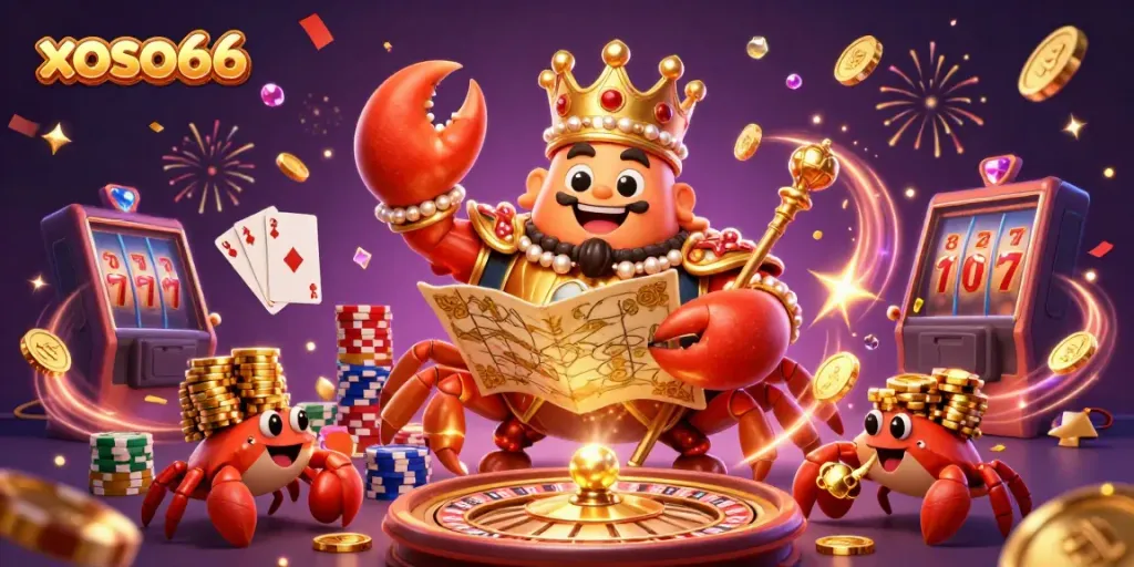 Experience winning at xoso66 with a regal crab emperor and vibrant casino elements.