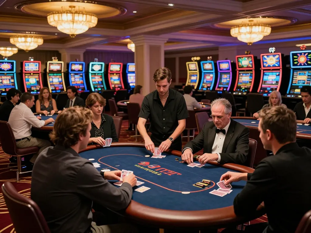 Players at the w 88 casino engaged in an exciting poker game, showcasing professional dealers and vibrant ambiance.